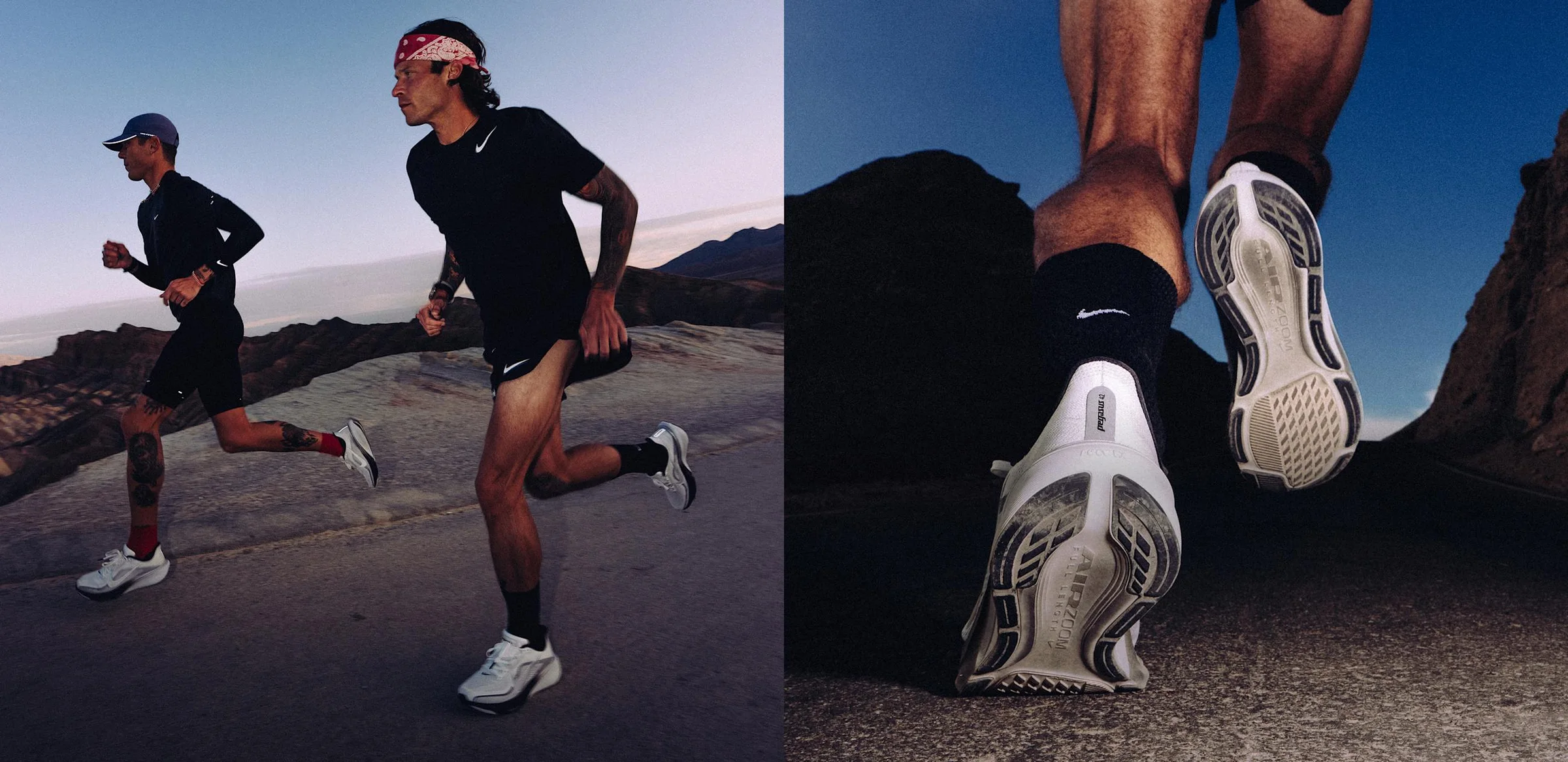 Dois corredores de Nike ao entardecer, e a sola de um tênis de corrida de perto